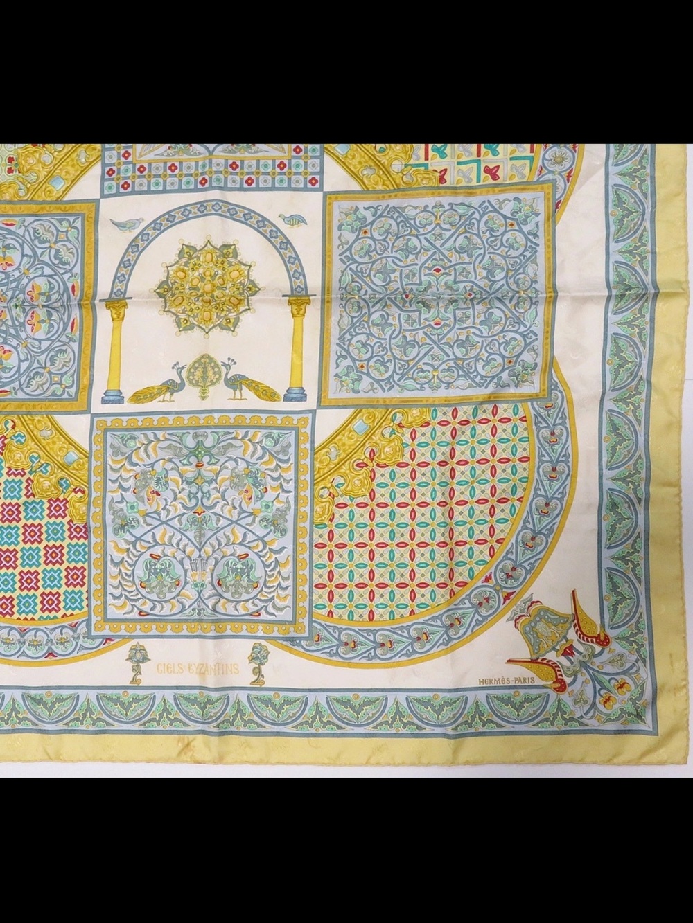 Hermes Yellow, Blue and Green Silk Scarf with Geometric Medallion Motif - Picture 6 of 13